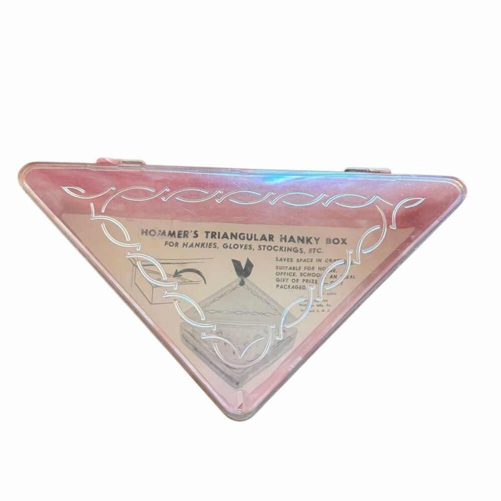 1950s Hommer Mfg Co Pink Marbled Plastic Triangular Hanky Box Item 770 W/ Insert